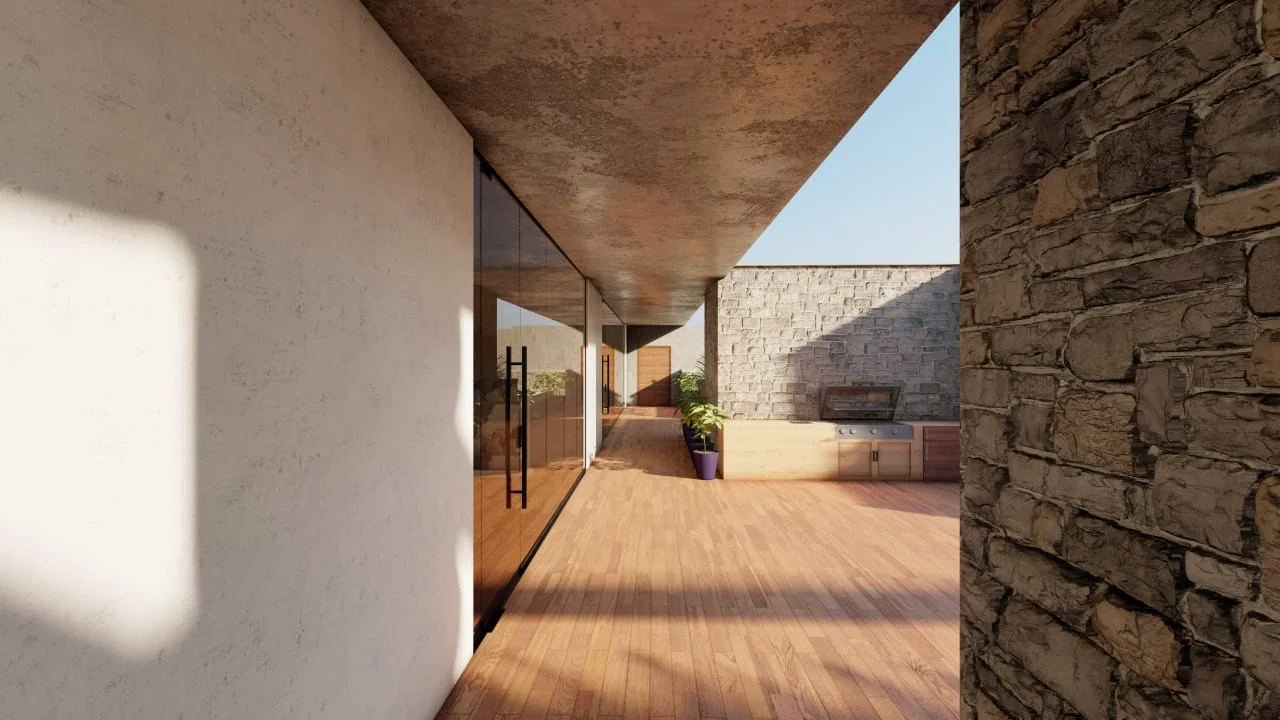 Stone-finished terrace lounge